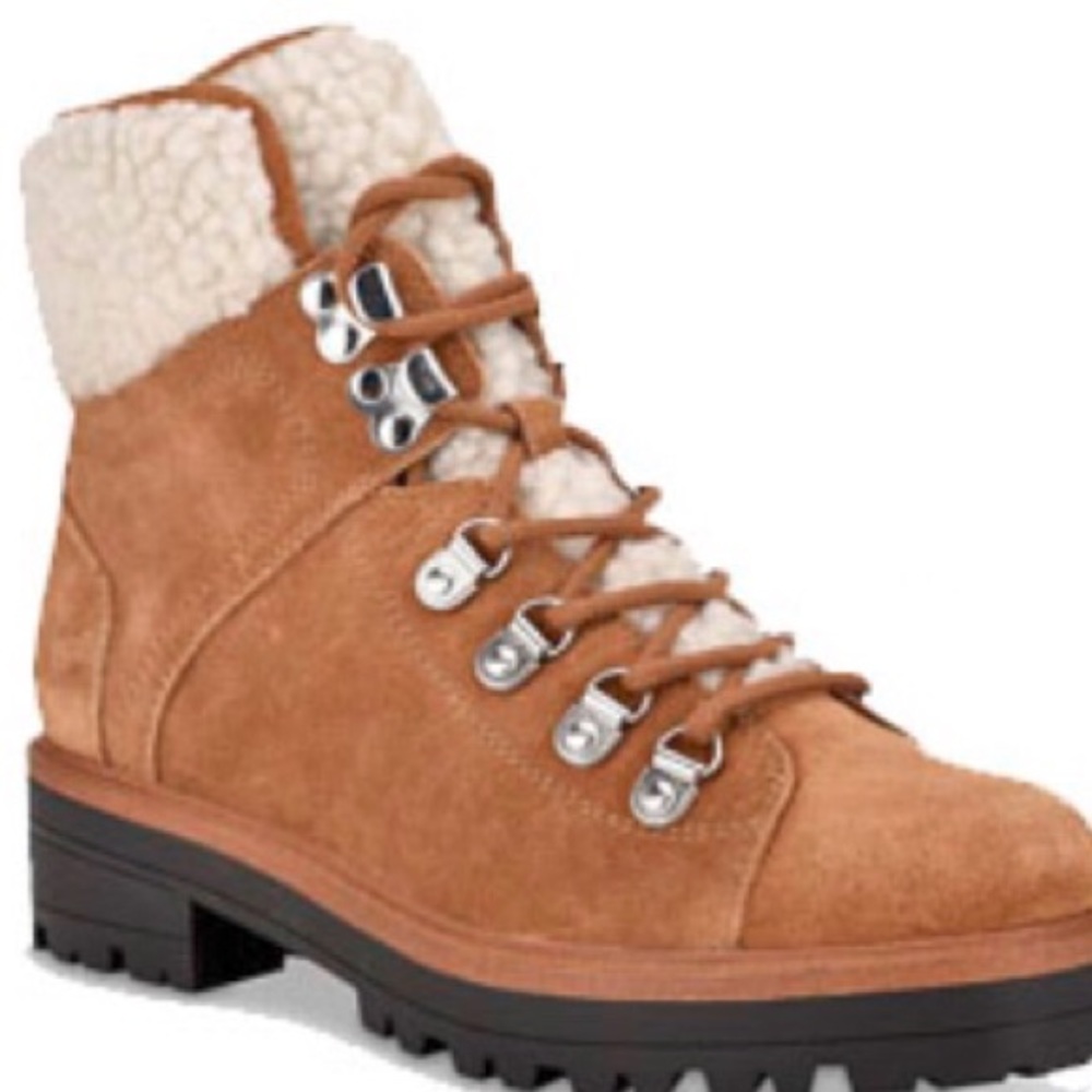 Suede boots Sherpa lined combat style cognac brown upper faux fur collar tongue - Picture 1 of 8